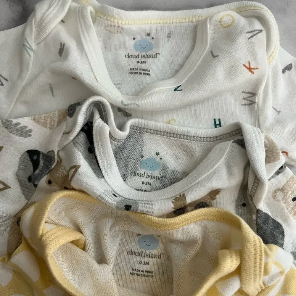 3x Cloud Island short sleeve onesies animal critter alphabet letters yellow geo